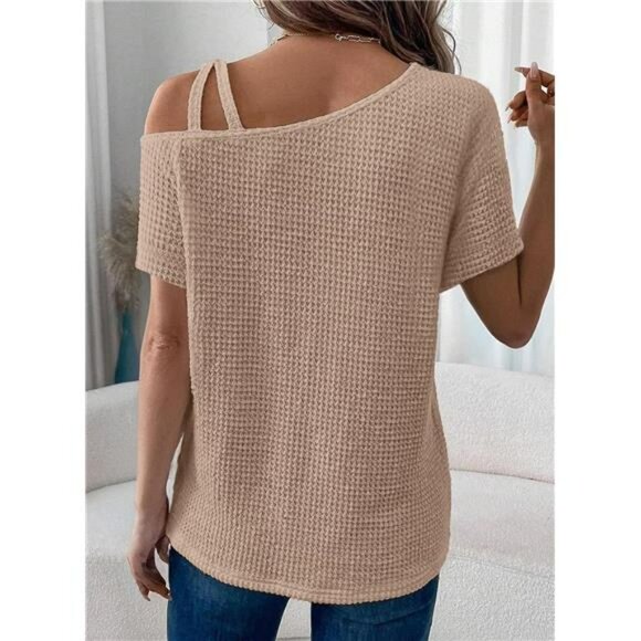 Off Shoulder Waffle Knit Top One Sleeve Casual Lightweight Summer T Shirt - Picture 2 of 6